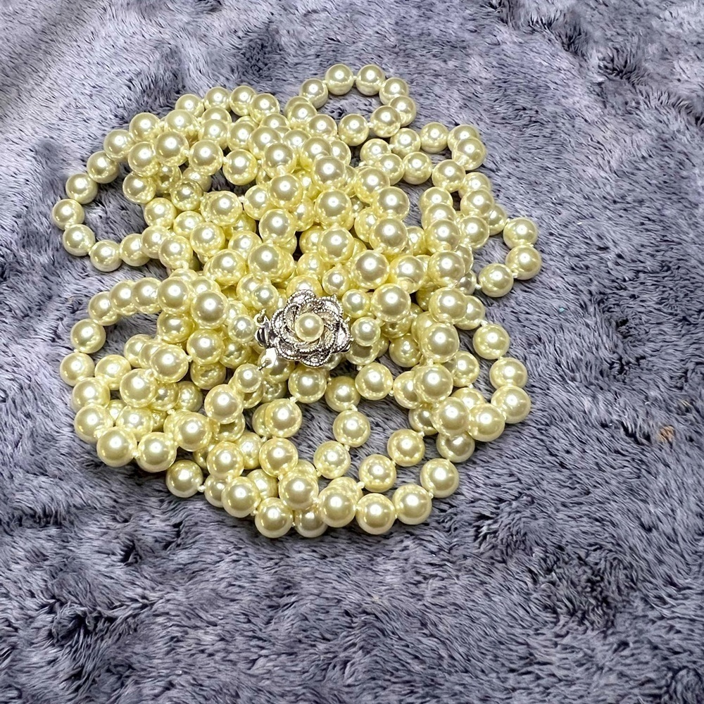 Camrose and Kross JBK Triple Strand Faux Pearl Flower Clasp Necklace